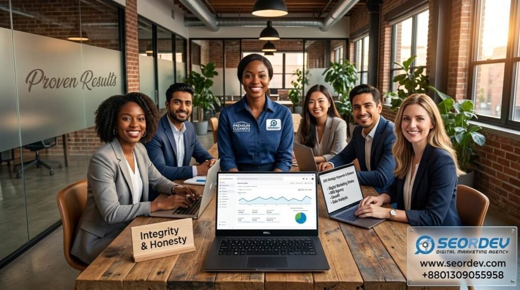 Infographic-style illustration of agency benefits icons handshake for integrity, data charts for proven results, rocket for growth, lightbulb for initiative, connected network nodes for data-drive