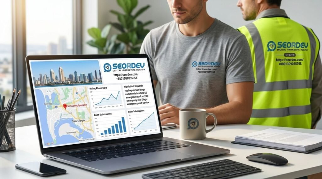 Lead generation dashboard tracking roofing calls and leads in San Diego CA, powered by SEORDEV local optimization