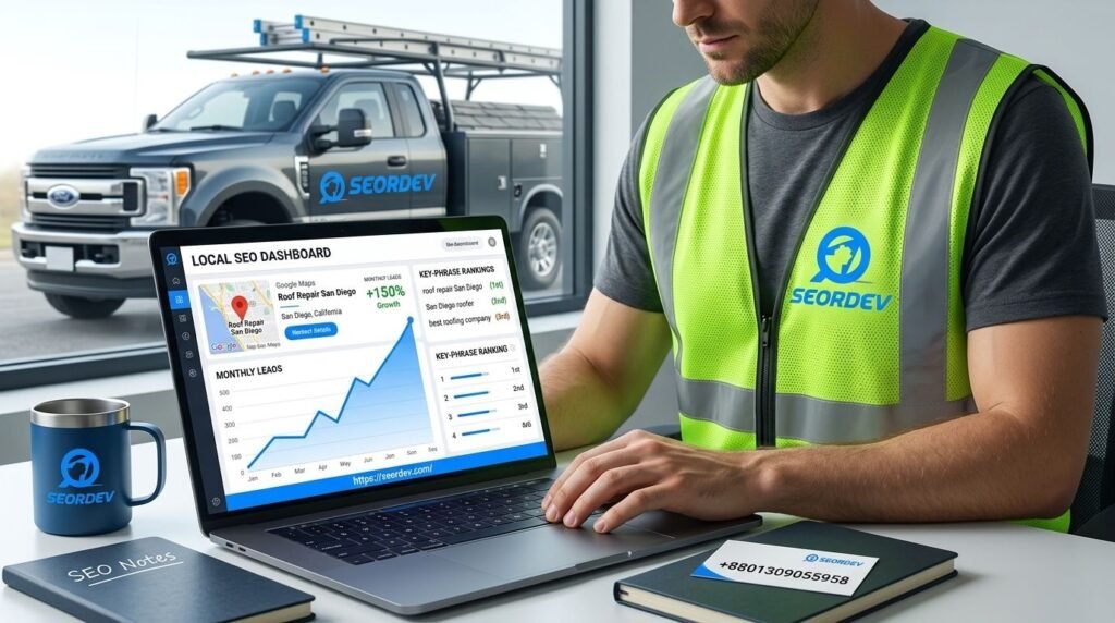 Local SEO dashboard showing increased leads for roofing contractors in San Diego CA, optimized Google Business Profile results Why