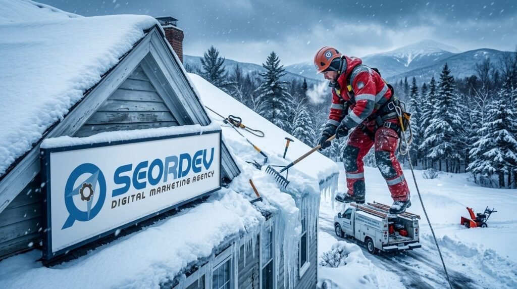 Roofing professional handling ice dam removal in New Hampshire winter – why strong local SEO services for roofing contractors in New Hampshire matter for storm-season leads