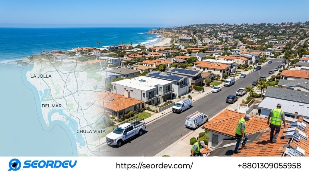 Roofing services coverage map across San Diego CA neighborhoods like La Jolla, Del Mar, Chula Vista, and Encinitas for local contractors Implement these by