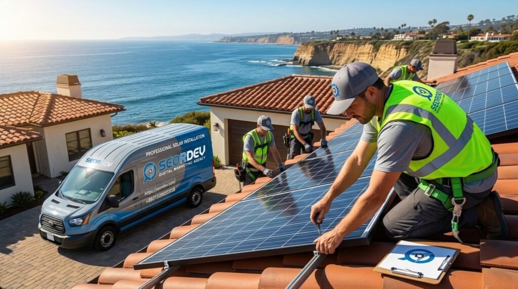 San Diego solar contractors installing rooftop solar panels with La Jolla ocean views, local expertise boosted by SEORDEV SEO