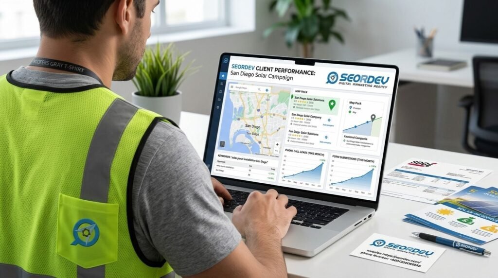 Solar lead generation dashboard tracking calls and quotes in San Diego CA, powered by SEORDEV local strategies